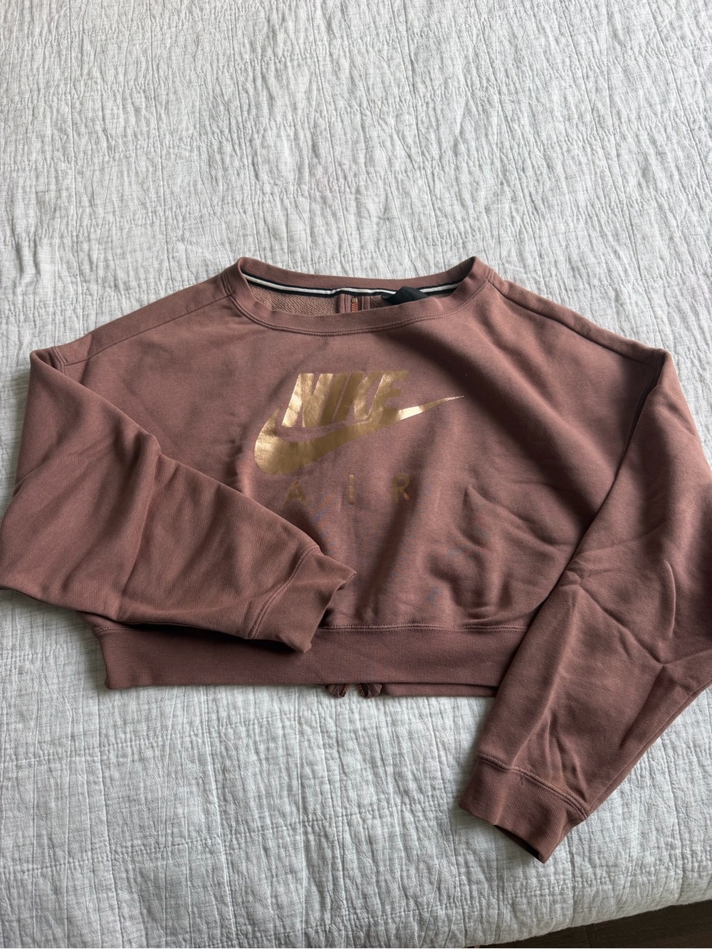 Nike Cropped Crew Sweatshirt in Dusty Mauve with Metallic Gold Logo